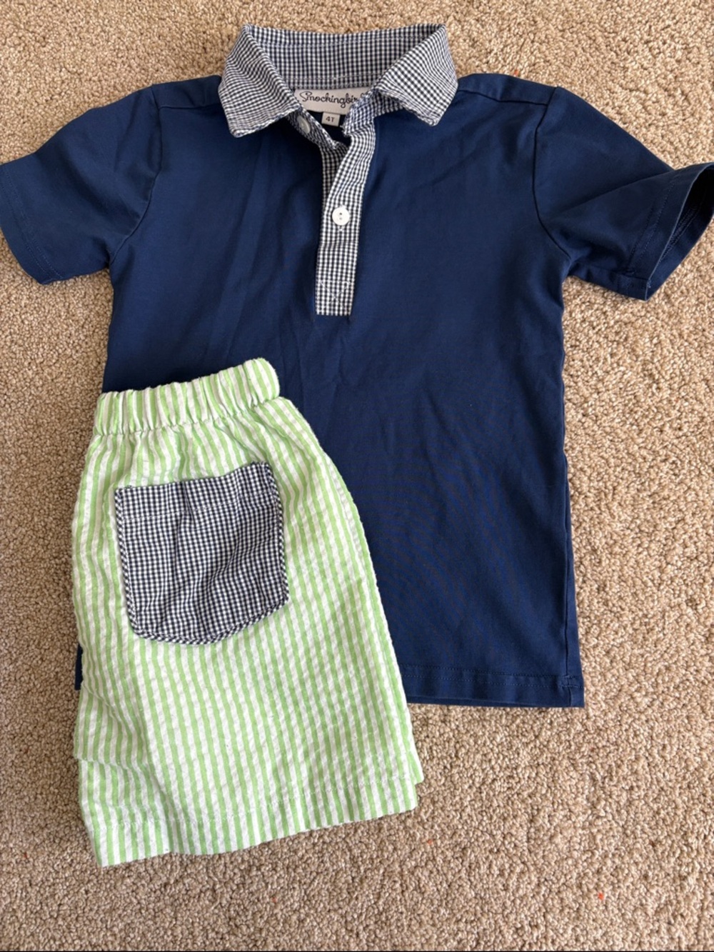 Nautical Navy Polo Shirt with Gingham Trim - Kids